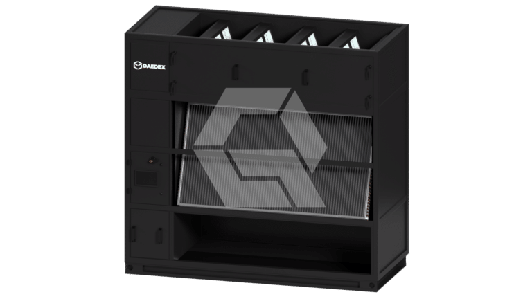 A black industrial air filtration unit with angled panels and vents, featuring a small display or control panel on the left side, shown against a plain light background.