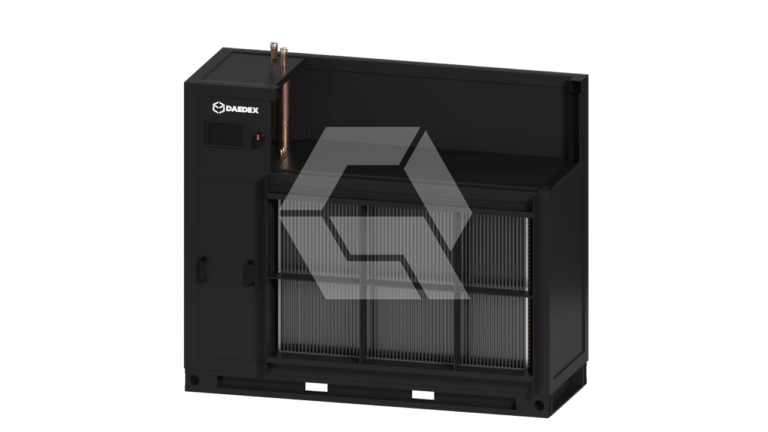 A large, black industrial air purifier unit with vents and a control panel on the upper left, standing on a plain white background. The unit has a logo that says “DABEK” and a geometric design on the front.
