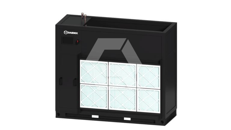 A large black air filtration unit by AADREX with six visible white rectangular filters on the front and a top compartment, viewed from a slight angle on a white background.
