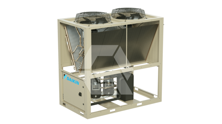 A large, beige industrial air conditioning unit with two fans on top and a visible Daikin logo on the front panel. The unit features exposed coils and metal framing against a plain white background.