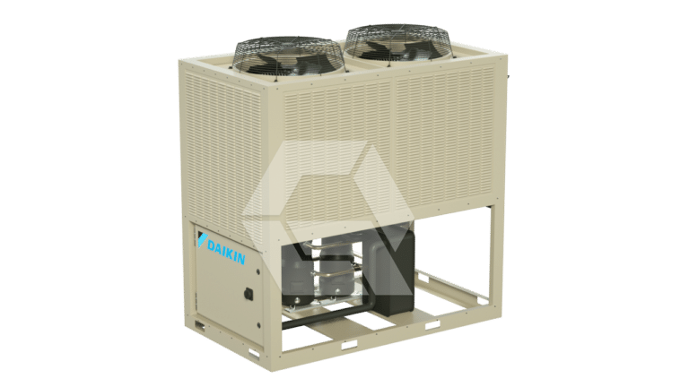 A beige industrial Daikin HVAC outdoor unit with two large fans on top, metal casing, and visible internal components, isolated on a white background.