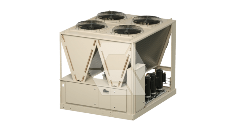 A large industrial HVAC chiller unit with four large fans on top, tilted panels on the sides, and several mechanical components visible at the base, all in a beige metal casing.