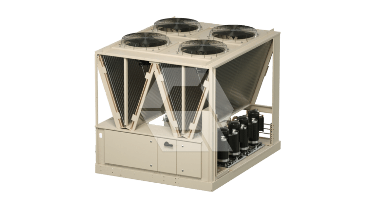 A large industrial HVAC chiller unit with four fans on top, angled panels on the sides, and multiple cylindrical components visible at the base, isolated on a white background.