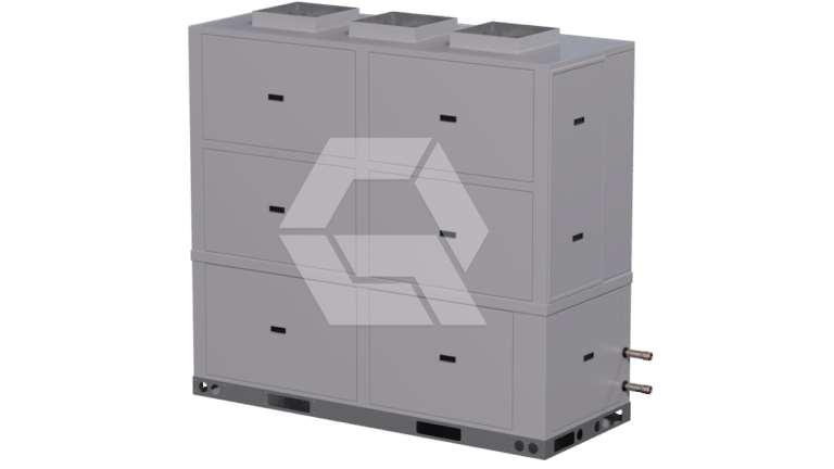 A large rectangular industrial HVAC unit with multiple compartments, three duct openings on top, and two copper pipes extending from the right side. The unit is light gray and has a simple, boxy design.