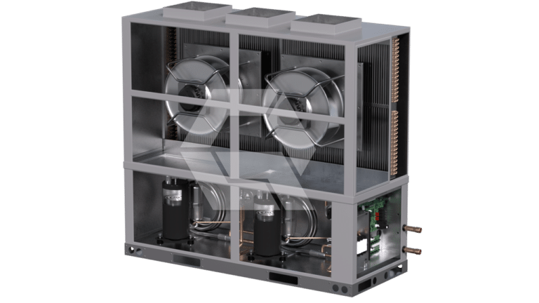 A large industrial cooling unit showing two fans, internal piping, electrical components, and heat exchangers, with an open front to display the machinery inside.
