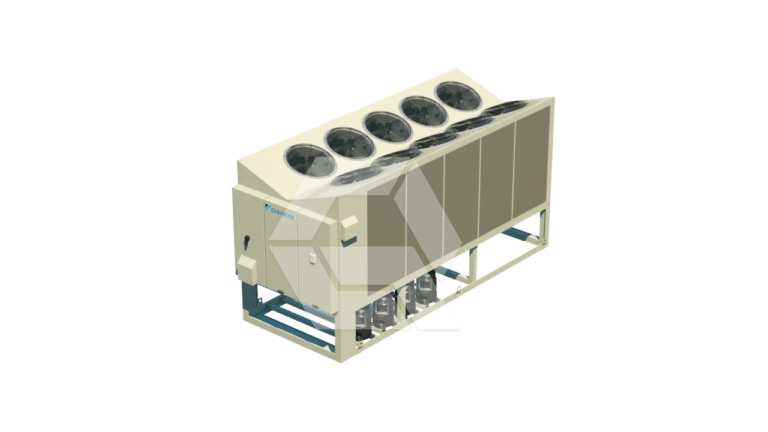An industrial air-cooled chiller unit with six large fans on top, mounted on a metal frame, designed for cooling and HVAC applications, against a plain white background.