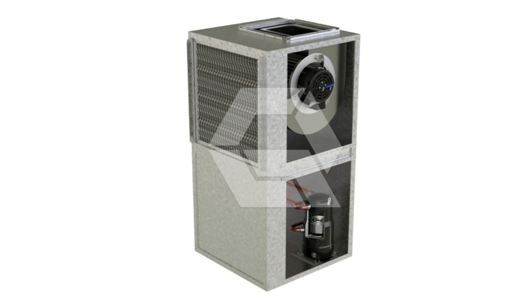 A rectangular metal HVAC unit with a visible fan and compressor; the top section has a circular fan, and the lower section shows mechanical components, all in a plain setting.