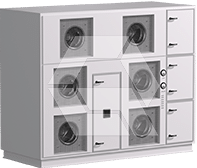 A rectangular laboratory glove box with eight circular glove ports, four on each side, and several small compartments with handles on the right, used for handling hazardous materials in a controlled environment.