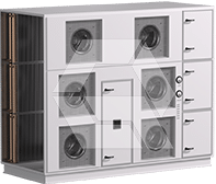 A rectangular industrial air handling unit with multiple circular vents, control knobs, and access panels, used for regulating and circulating air in building HVAC systems.