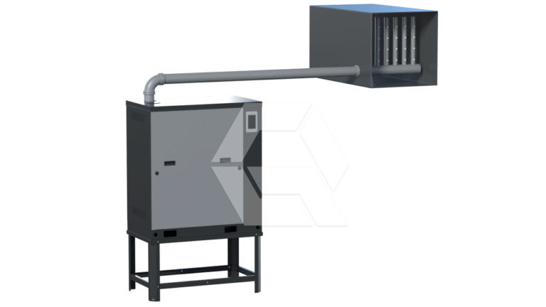 A gray industrial air filtration unit connected by a horizontal duct to a rectangular vent box with vertical filters, all mounted on a metal frame. The background is plain white.