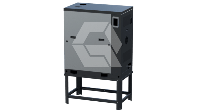 A gray industrial metal cabinet with a black frame, standing on four legs, featuring vents and rectangular openings on the sides. The cabinet has geometric designs on the front panel.