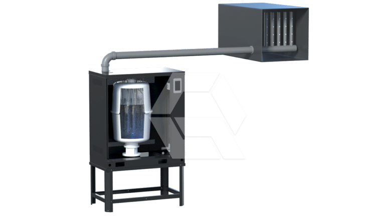 A computer-generated image of an industrial filtration system with a cylindrical filter in a metal cabinet, connected by a pipe to a rectangular air duct with vents.