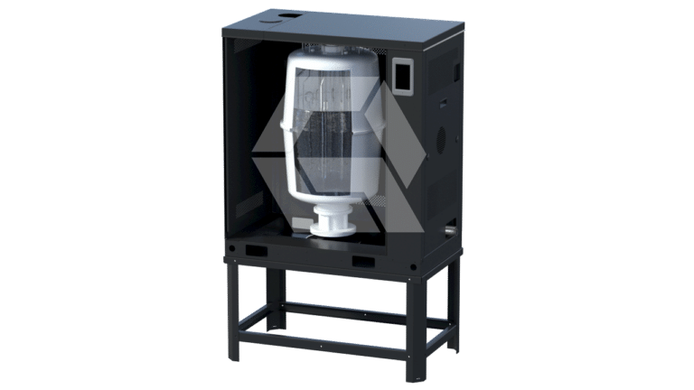 A black metal frame holds a cylindrical transparent container with internal components visible, resembling a piece of industrial or laboratory equipment. The design is modern and open, showing mechanical parts inside.