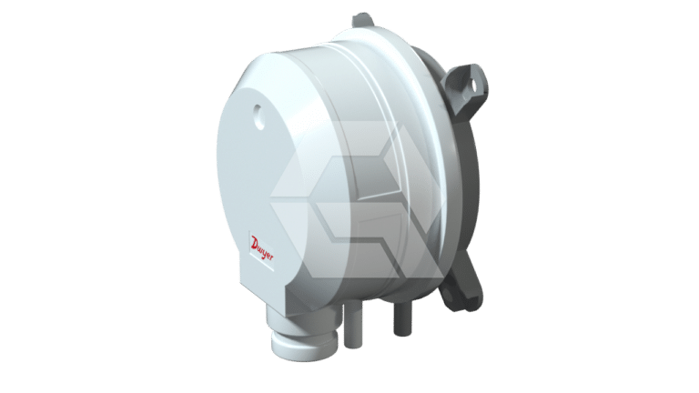 A white, round industrial pressure sensor or transmitter with two hose connectors and mounting brackets, featuring the Dwyer logo on its front lower left side. The device is isolated on a plain light background.