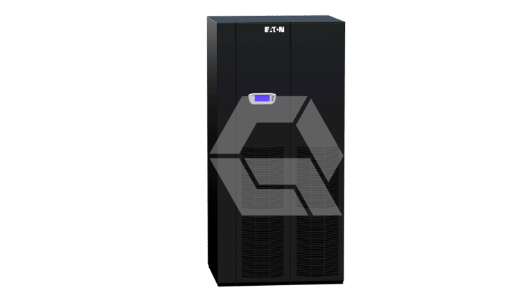 A black Eaton uninterruptible power supply (UPS) cabinet with a small display screen near the top, standing upright against a plain white background.