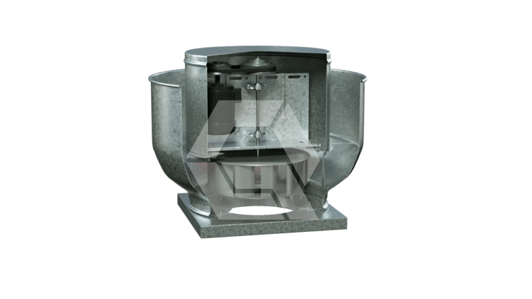 A metallic industrial fan housing is shown in cross-section, revealing internal components including the motor and blades, all set against a plain white background.