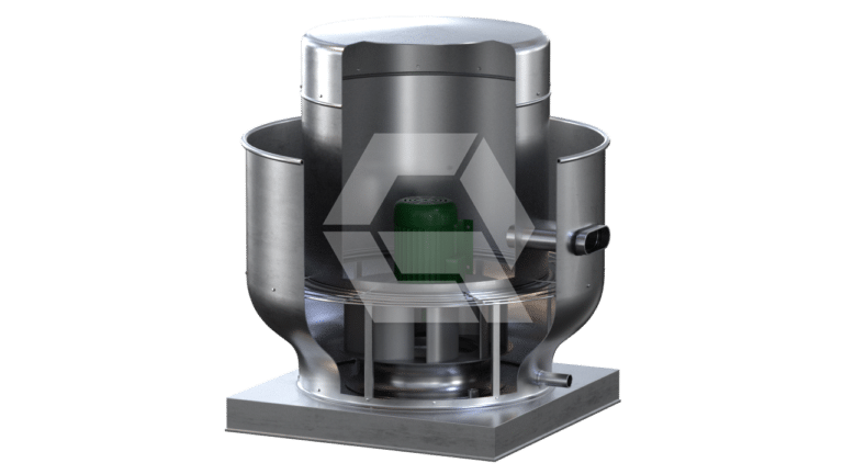 A metallic industrial ventilation fan unit with a cylindrical body, mounted on a square base, featuring an exposed motor and visible internal components, viewed against a plain background.