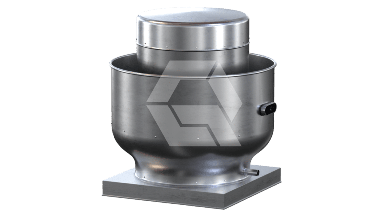 A metallic industrial ventilation fan with a cylindrical shape, mounted on a square base, shown against a plain white background.