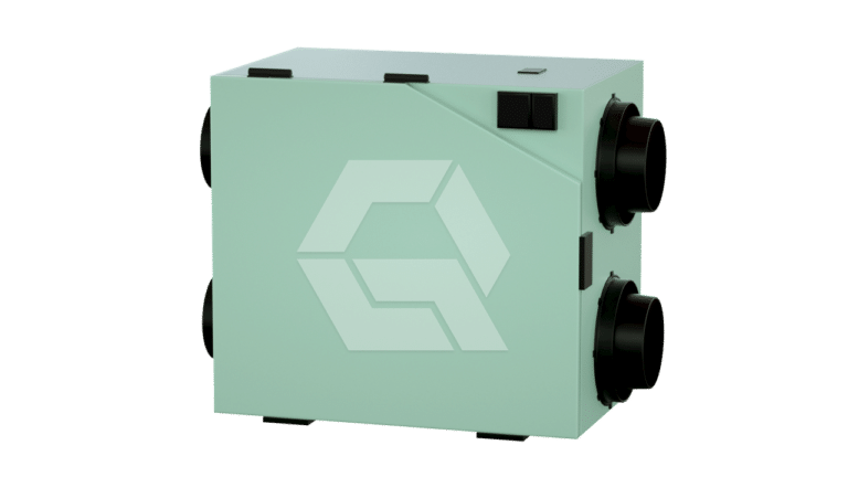 A rectangular, mint-green ventilation unit with black circular vents on its sides and a geometric logo on the front, set against a plain white background.