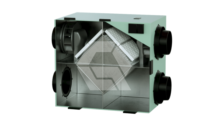 A ventilation unit with a visible internal heat exchanger, multiple ducts, and a fan, shown in a clean, green metal casing with a transparent section revealing the inside components.