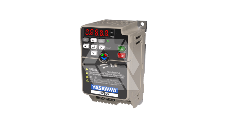 A Yaskawa HV300 variable frequency drive with a digital display, control buttons, indicator lights, warning labels, and a Yaskawa logo on a gray casing, mounted on a light background.