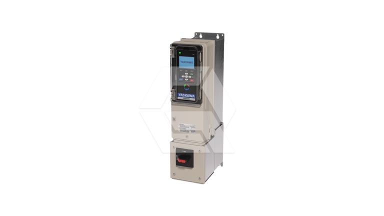 A Yaskawa industrial variable frequency drive with a digital control panel, buttons, and a display screen, mounted on a metal bracket against a plain white background.