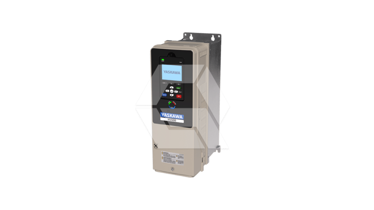 A Yaskawa variable frequency drive (VFD) unit with a digital display, control buttons, and a beige metal casing, mounted on a metal plate against a plain white background.
