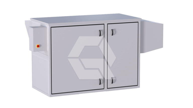 A white industrial metal cabinet with two doors, side compartments, and silver handles. The cabinet has a simple, modern design and appears to be used for storage or equipment housing.