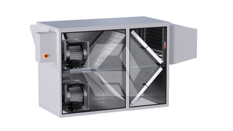 A large, industrial air handling unit with a cutaway view showing internal components including fans, filters, and angled panels used for regulating air flow and filtration. The exterior is gray with a control box attached.