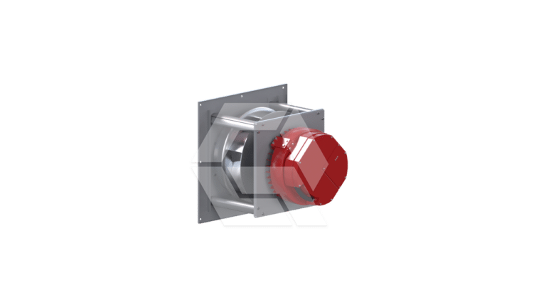 A metal industrial fan with a square mounting plate and a red protective cover on the motor, isolated on a white background.