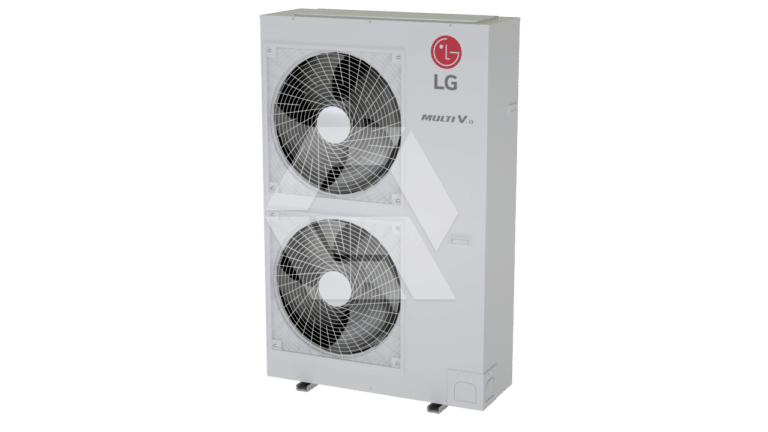 A white LG MULTI V air conditioning outdoor unit with two large circular fans, standing upright against a plain background.