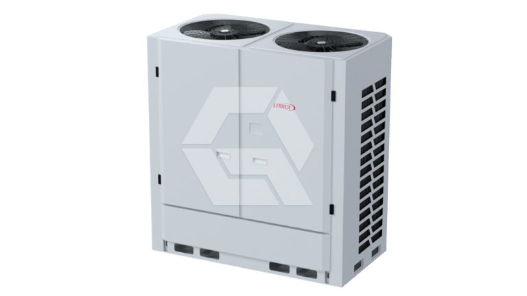 A large, rectangular, white industrial air conditioning unit with two black fan vents on top and side air vents, standing on a plain light background.