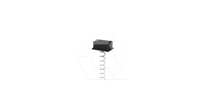 A black mechanical keyboard switch with a metal spring underneath, centered on a plain white background.