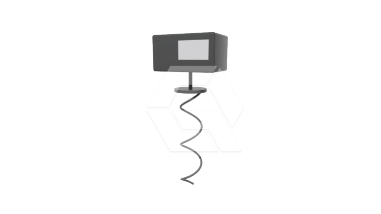 A minimalist 3D illustration of a gray rectangular monitor on a stand with a spiraled cable hanging down, set against a plain white background.