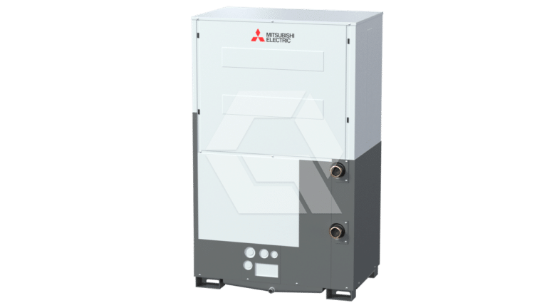 A Mitsubishi Electric HVAC unit with a light gray top and dark gray bottom, featuring the company logo and control panel, designed for heating and cooling applications.