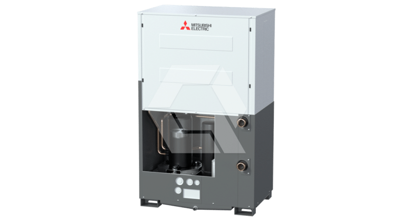A Mitsubishi Electric outdoor unit for an HVAC system, with a partially open front panel revealing internal components, including pipes and a compressor, against a plain background.