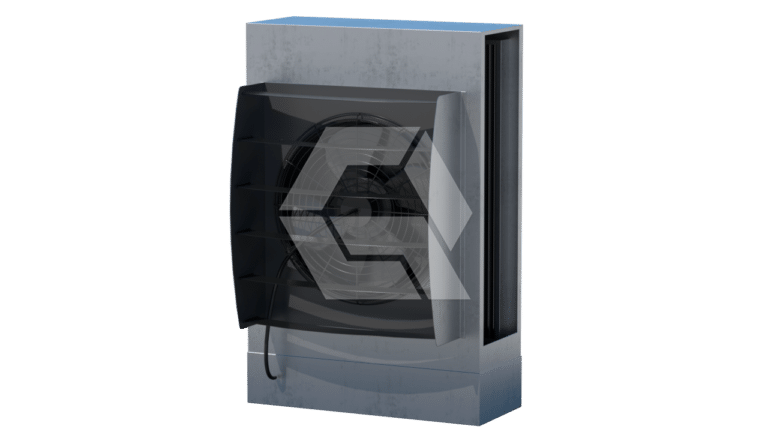 A rectangular metallic ventilation or exhaust fan unit with a protective black grill on the front and a visible power cord hanging down. The background is plain and light-colored.