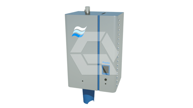 A rectangular metallic device with a blue stripe, a small display, vent holes on the side, and a blue wavy logo on the front. It has a protruding cylindrical tube at the top and a blue element at the bottom.