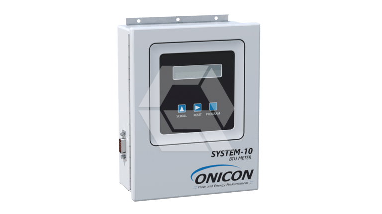 A gray ONICON SYSTEM-10 BTU meter control panel with a digital display and three buttons labeled scroll, reset, and program, mounted on a white background.