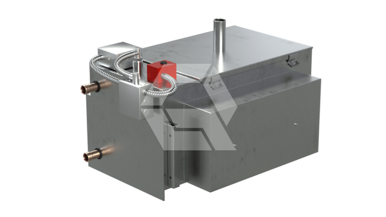 A rectangular industrial metal component with two brass pipe fittings on one side, various attached wires, a red electrical unit, and a small vertical pipe extending from the top, all on a light gray background.