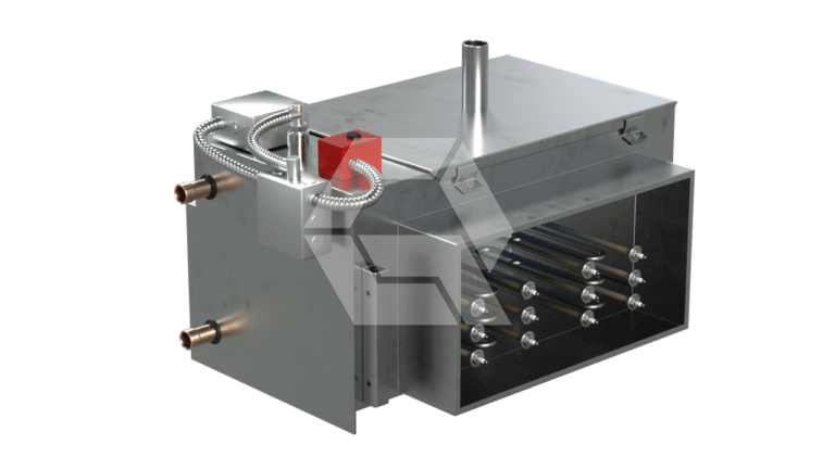 A rectangular metallic industrial heat exchanger with copper pipes, a control box, wiring, and multiple tubular heating elements inside an open section. The exterior is sleek and has a metallic finish.