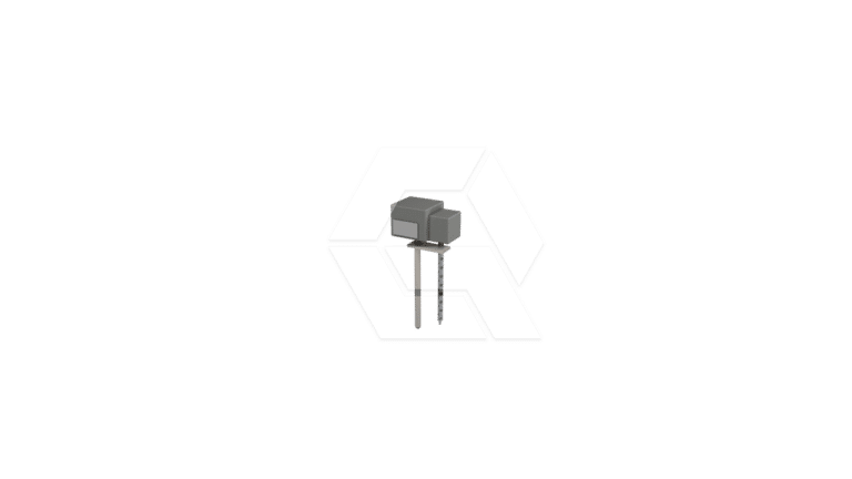 A small, gray, box-shaped object mounted on a pole with a screw-like base, displayed against a plain white background.