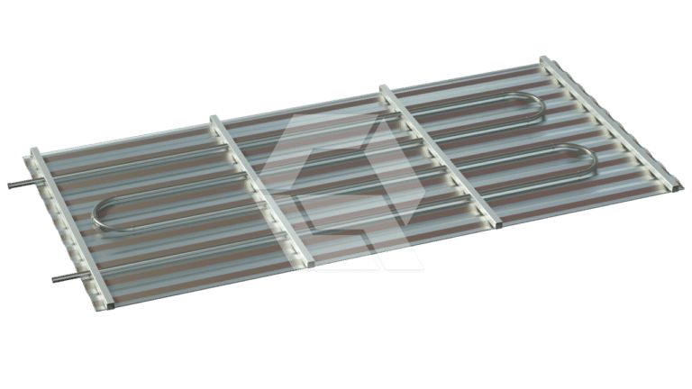 A rectangular metal panel with parallel grooves and embedded U-shaped metal pipes, likely part of a radiant heating or cooling system, viewed from above on a plain background.