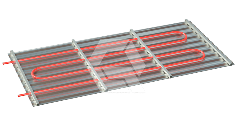 A 3D rendering of a radiant floor heating system showing red pipes arranged in a serpentine pattern, secured between metal or plastic channels, illustrating a typical underfloor heating installation.