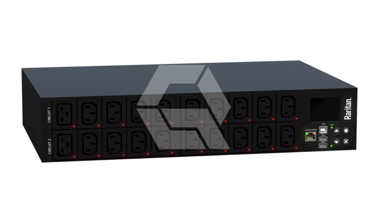 A black Raritan power distribution unit with multiple power outlets, labeled Circuit 1 and Circuit 2, and a digital display panel with control buttons, ports, and indicator lights on the right side.