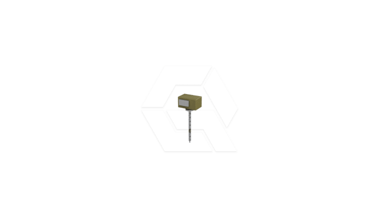 A small, box-shaped device with a screen is mounted on top of a vertical rod, set against a plain white background.