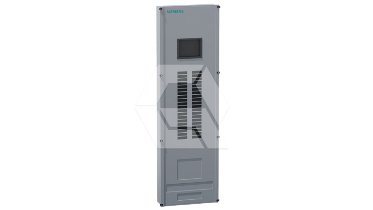 A tall, rectangular gray Siemens electrical panel with a small display screen, ventilation slats, and a closed lower compartment, mounted against a plain white background.