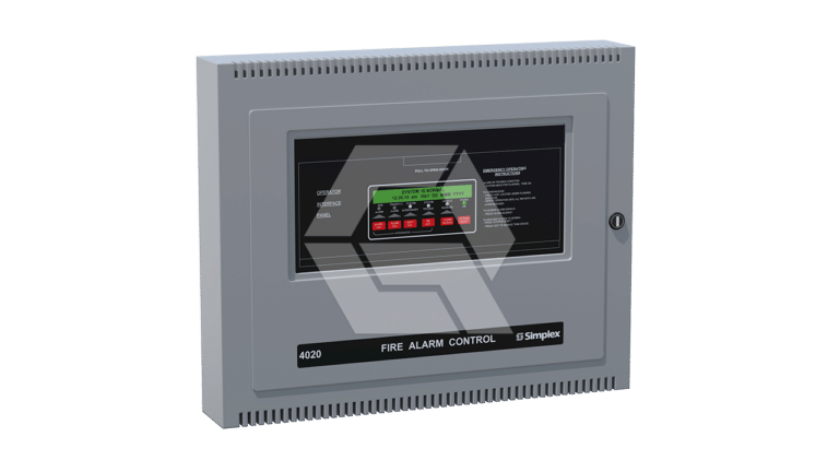 A gray Simplex 4020 fire alarm control panel with a digital display, buttons, and indicator lights on the front. The panel is mounted on a light background.