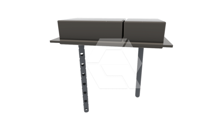 A 3D-rendered image of a flat, rectangular, dark-colored platform with two raised rectangular blocks on top and two vertical, pole-like supports beneath, one with multiple holes. The background is plain white.