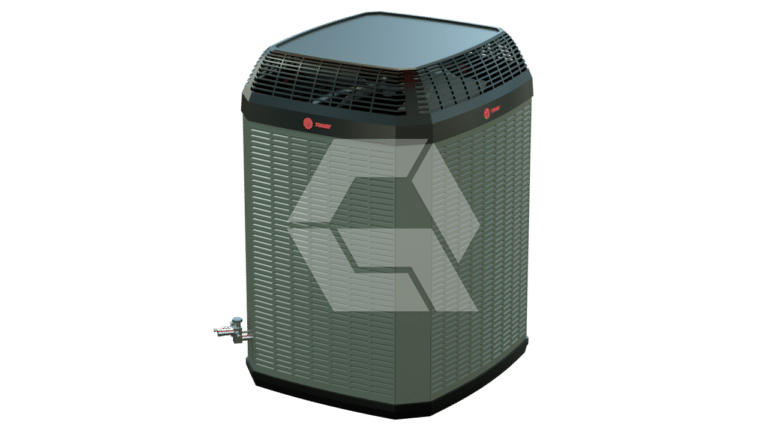 A gray outdoor air conditioning unit with a black top and ventilation grilles on the sides, standing on a white background.
